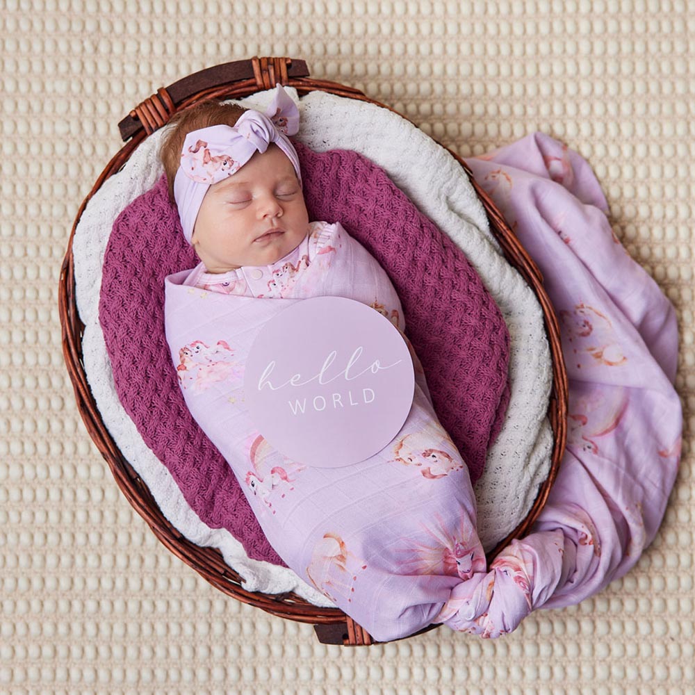 New Baby Set - Organic Muslin Wrap, Beanie/Topknot, 3-Pack Milestone Cards