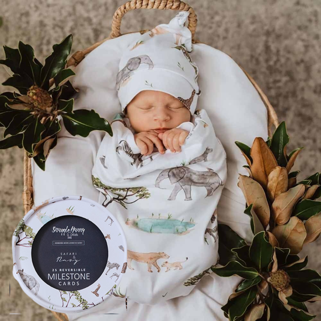 Baby Milestone Bundle A - Swaddle, Beanie, Milestone
