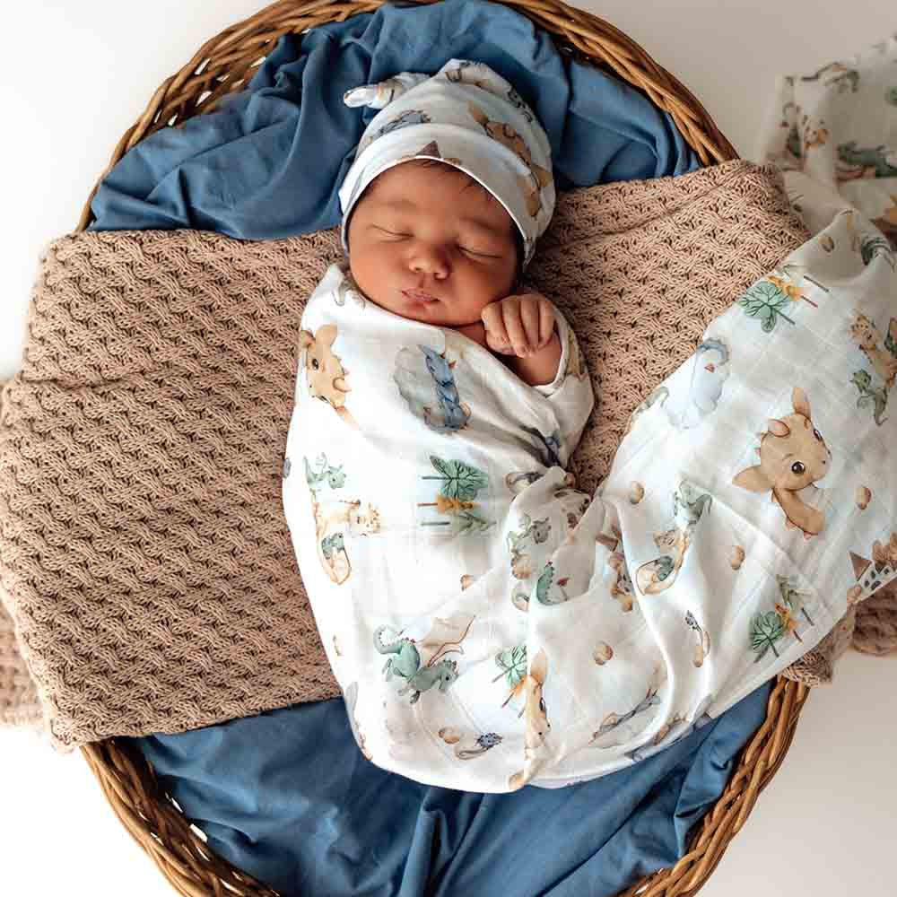 New Baby Set - Organic Muslin Wrap, Beanie/Topknot, 3-Pack Milestone Cards